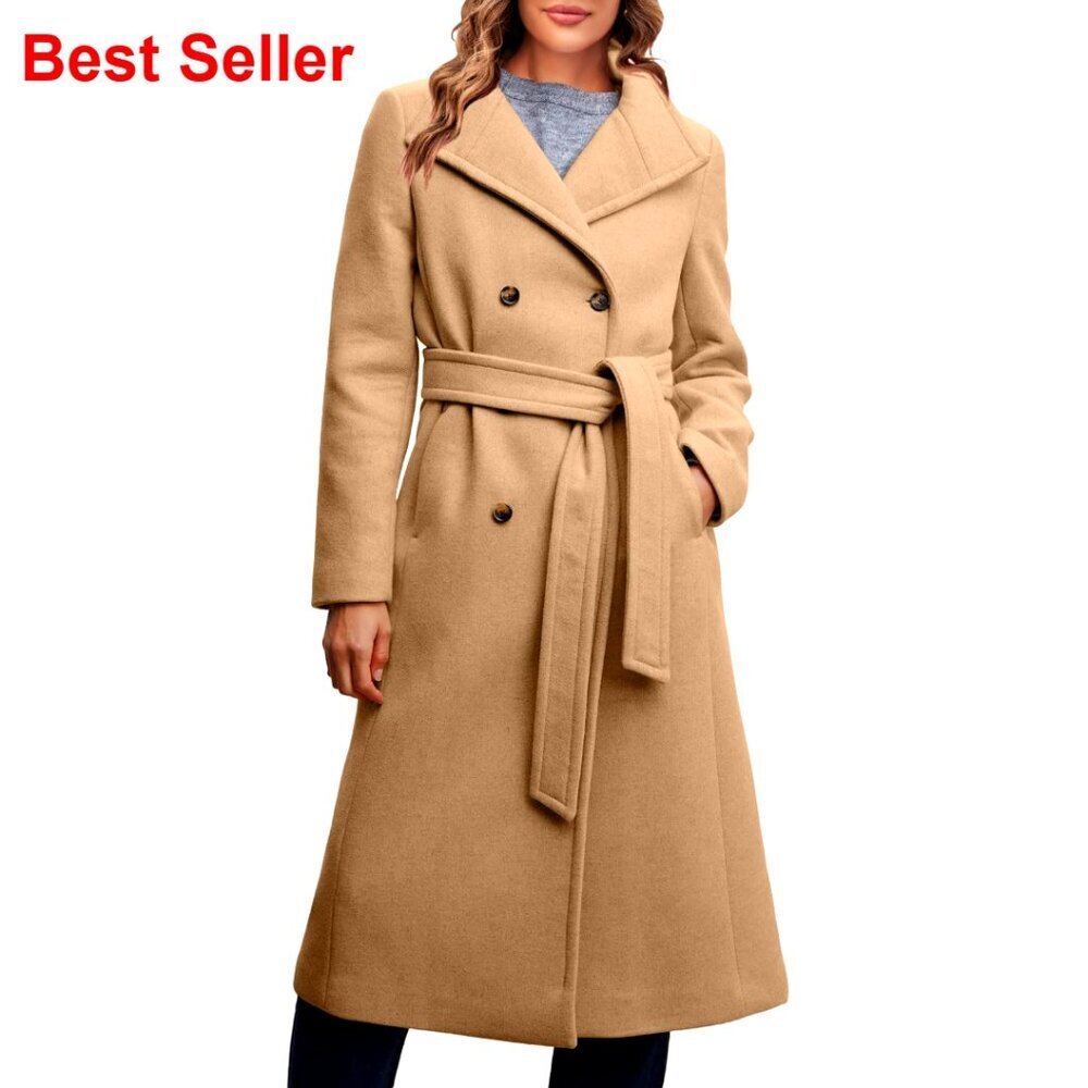 Double Breasted Long Winter Wool Blend Pea Coat with Belt